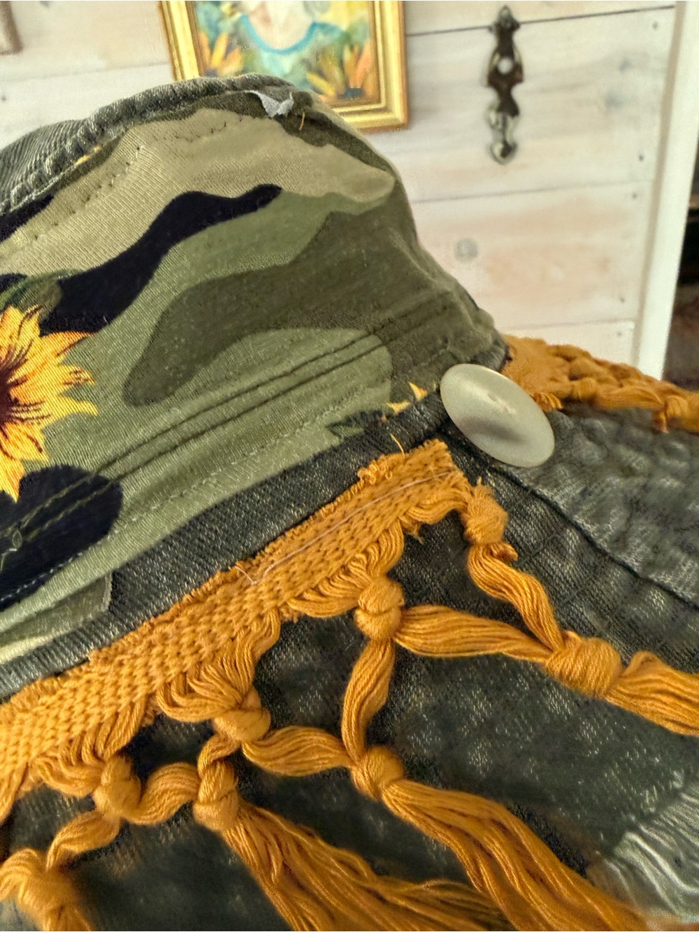 Upcycled green wash cotton bucket Hat camo sunflower fringed New OS - Picture 5 of 8